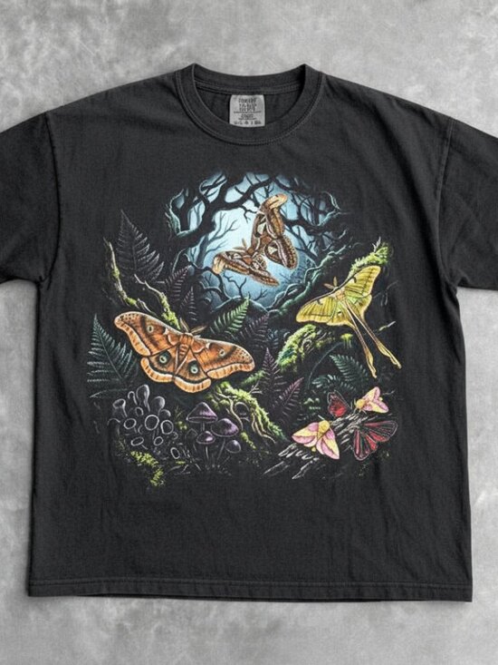 Boutique Tops - 90s Moths Woodland Habitat Graphic Tee | Cottagecore Entomology Shirt